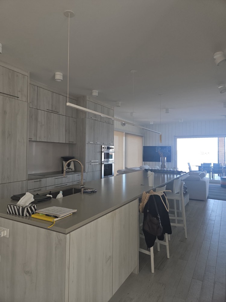 Cuisine ouverte sur le salon, grand îlot dégagé